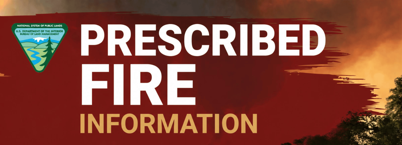 Landscape photo of a wildfire and large smoke plume in the background with the words Prescribed Fire Information and the BLM logo overlayed on the upper left side.