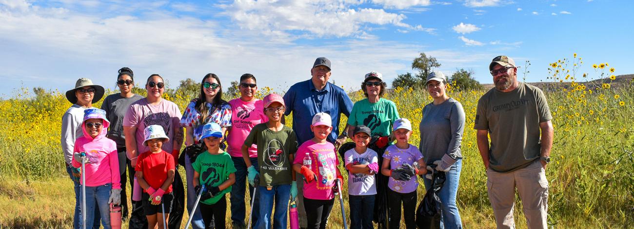 Members of Girl Scouts Troop 18044 and Bureau of Land Management staff pose for a photo during a National Public Lands Day cleanup event at the Bureau of Land Management Roswell Field Office’s Oxbow Day Use Area on Sept. 12.