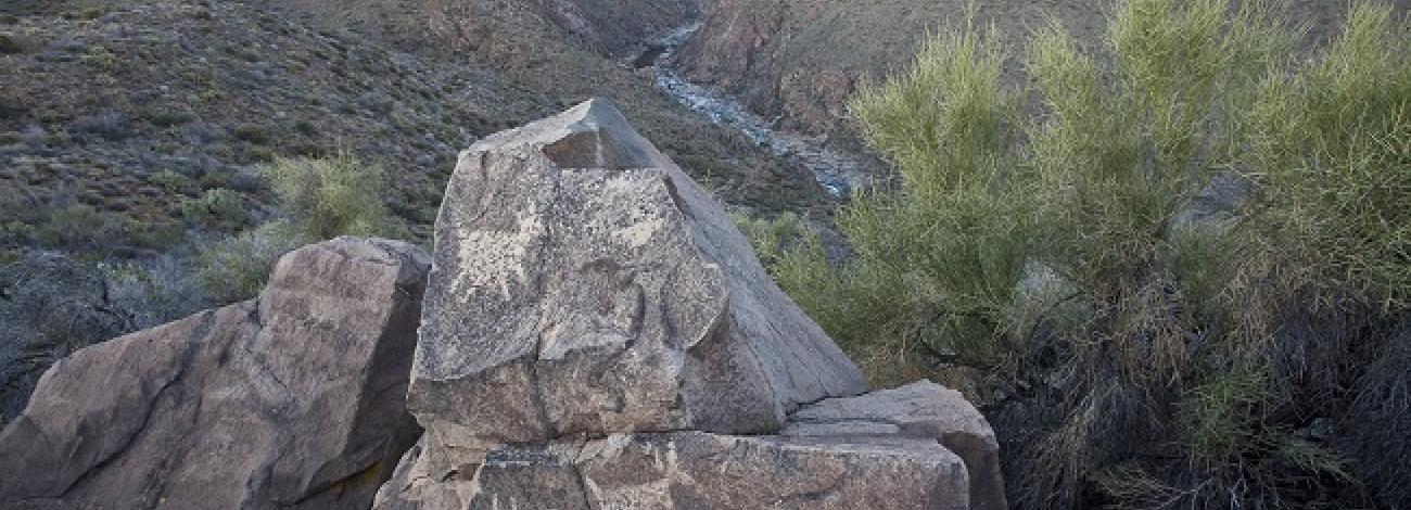 rock panels showing animals with antlers. Canyon with a river flowing through it in the background.