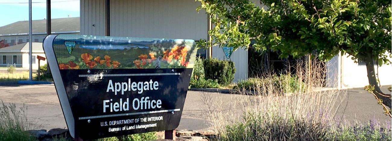 Office building and sign in front of the Applegate Field Office. Photo by BLM.
