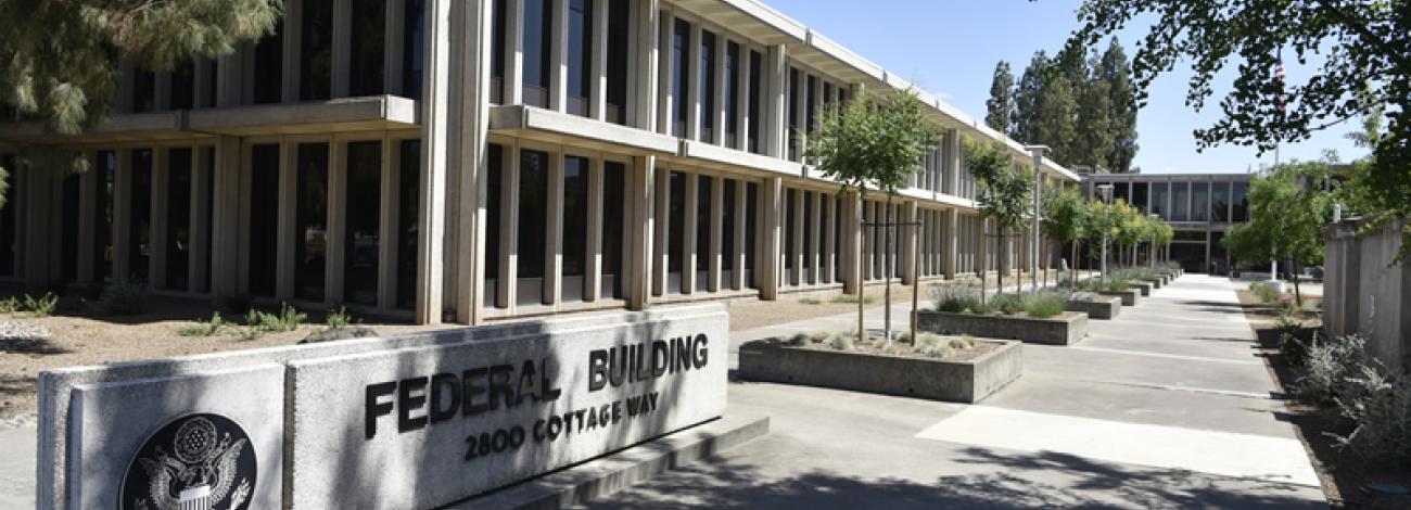 Office building and sign in front of the Bureau of Land Management California State Office.  Photo by John Ciccarelli, BLM.