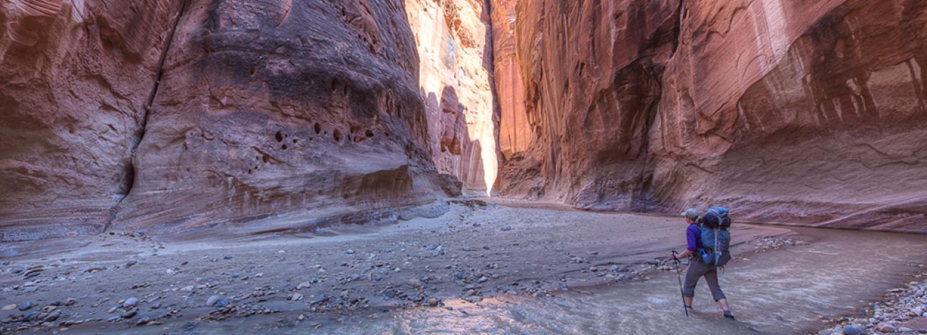 Hiker with a large backpack and a walking stick walking through a tall canyon with red rock.