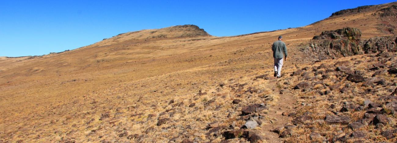 photo of a person walking on a rocky landscape