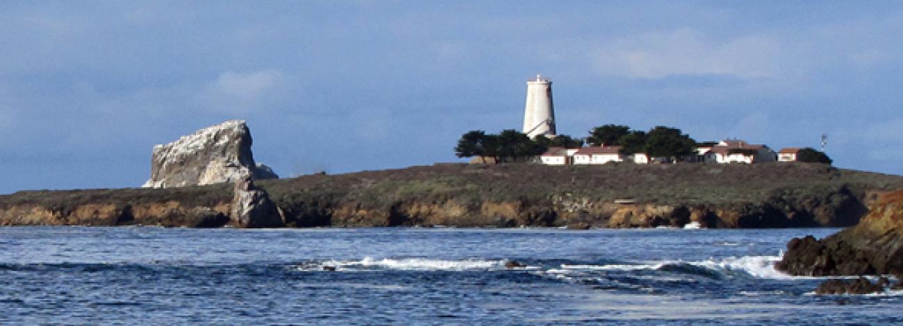 A lighthouse and several buildings sit on a peninsula in the Pacific Ocean.  (BLM Photo)