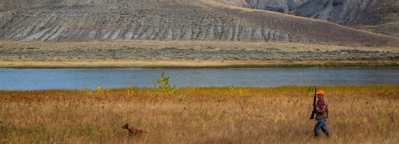 Hunter and his dog walking through grass field with mountains and water in the background