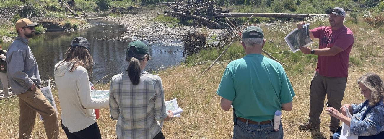 photo of RAC members meeting in a forest near a stream