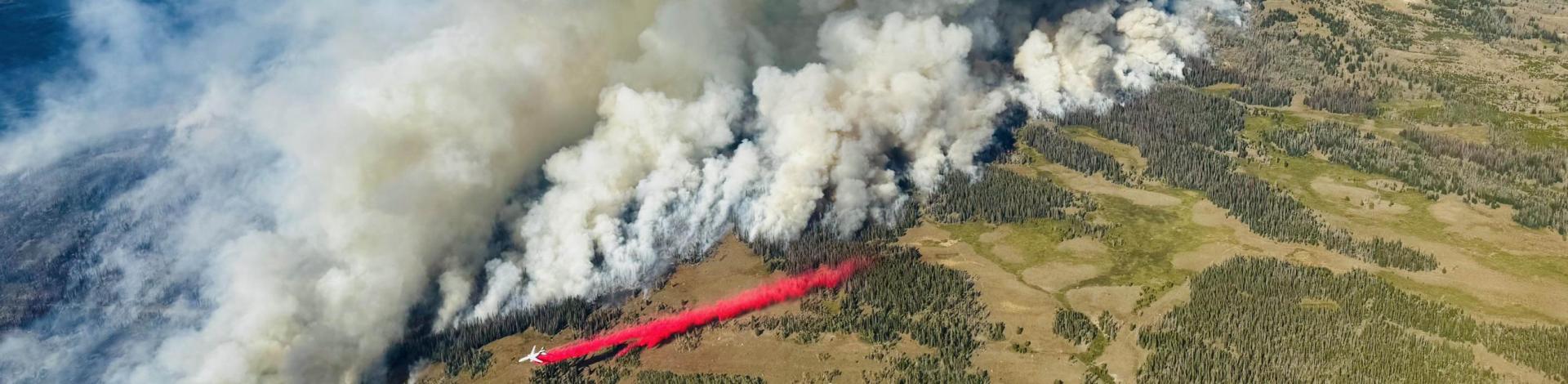 Aerial view of a fireline. Smoke billows as a plane drops retardant along the edge of the fire.