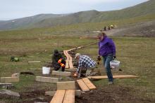 Volunteers building a boardwalk on the Pinnell Mountain National Recreation Trail.