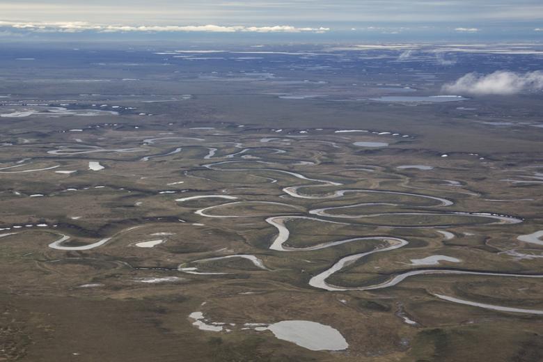 Aerial photo of the tundra and rivers of the Northeast National Petroleum Reserve in Alaska.