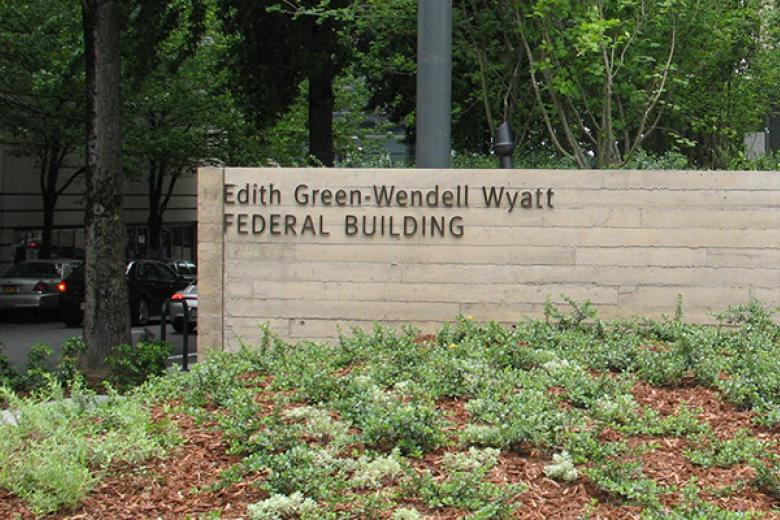 The front door and sign for BLM Oregon/Washington State Office Entrance