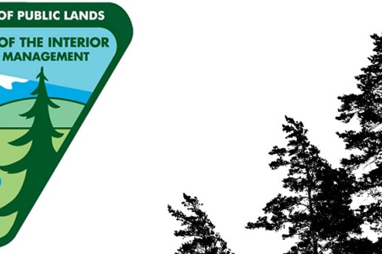 blm logo with black and white trees next to it