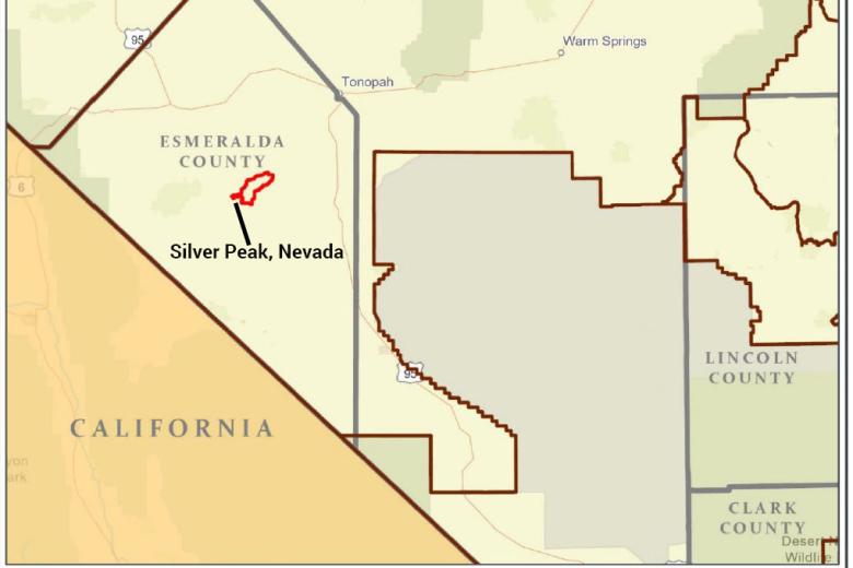 A map depicts the location of a lithium mine and the town of Silver Peak, Nevada.
