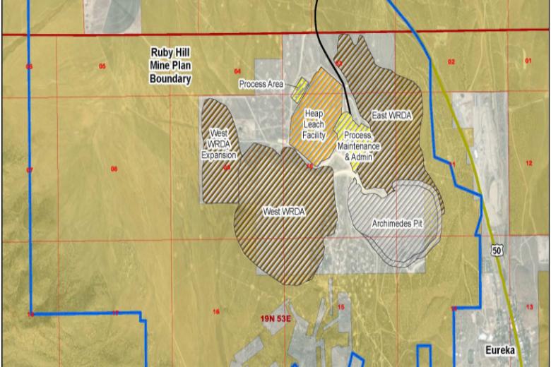 A map depicts the boundary of a mine near Eureka, Nevada.
