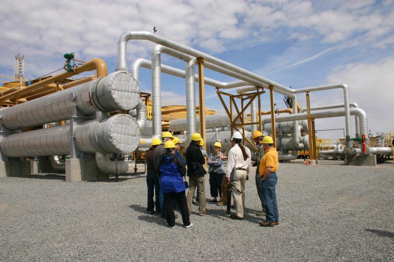 People gather in front of pipes at a geothermal plant on a sunny day.