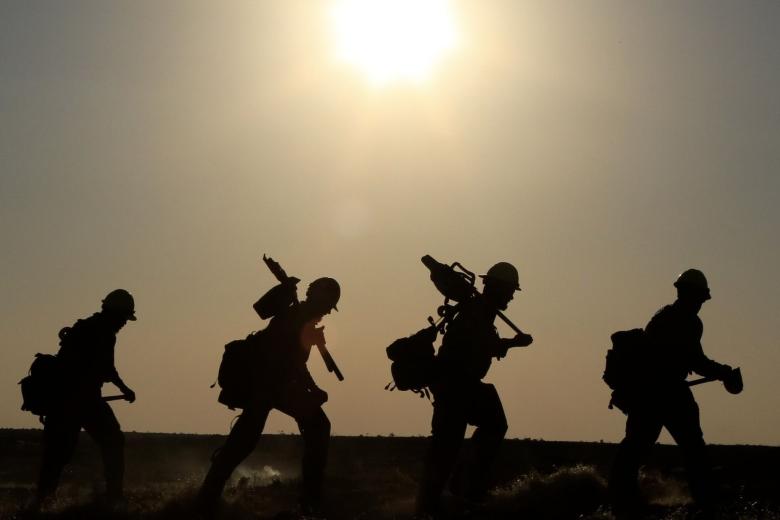 Silhouette of four wildland firefighters with sun in background.