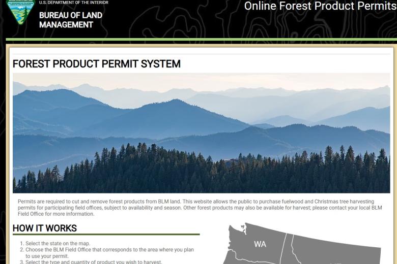 Image of BLM webpage for forest products permitting, showing the BLM logo at the top and a landscape photo of forested mountains, green in the foreground and blue in the background.