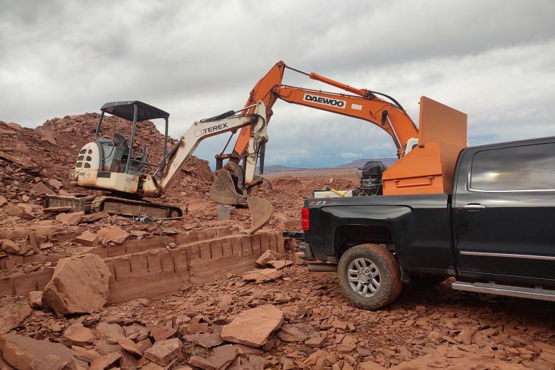 Close up of machinery loading up specialty stone from the Bitter Seep Community Pit, in Arizona.