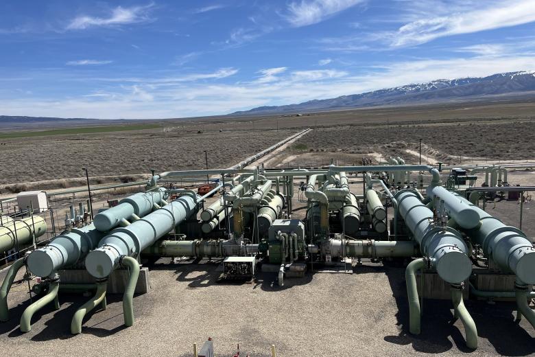 A photo of a geothermal power plant on private property, near BLM managed public lands in Idaho