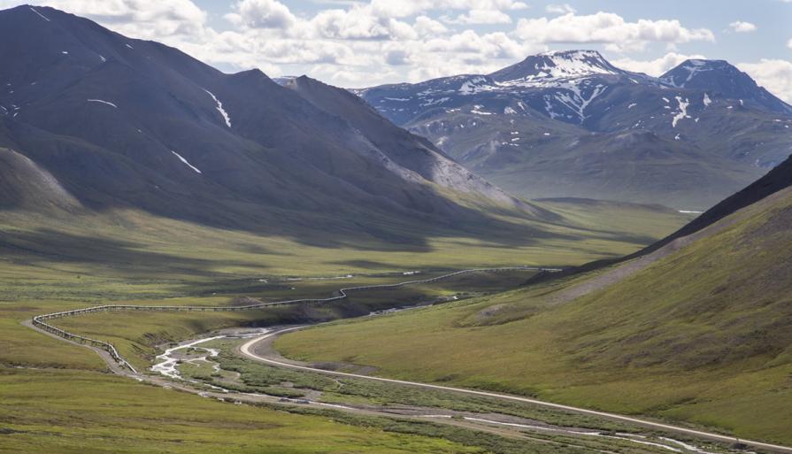 Trans-Alaska Pipeline alongside the Dalton Highway and the Kobuk River south of the Brooks Range