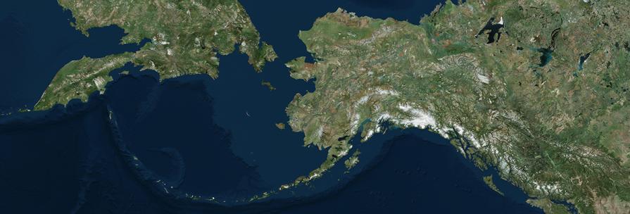 Large satellite imagery map showing Alaska, Bering sea, and part of Russia.