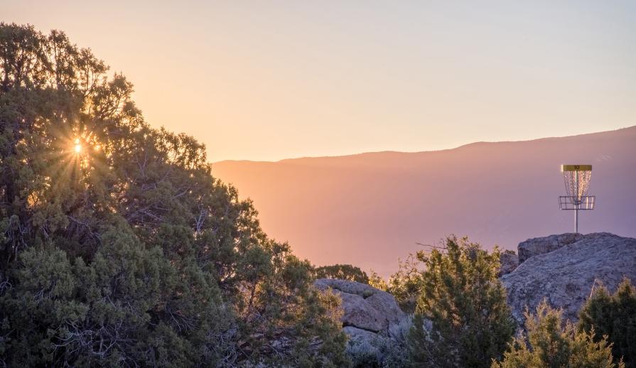 Disc golf goal at sunrise in the Three Peaks Recreation Area. Photo by Steven Sharp.