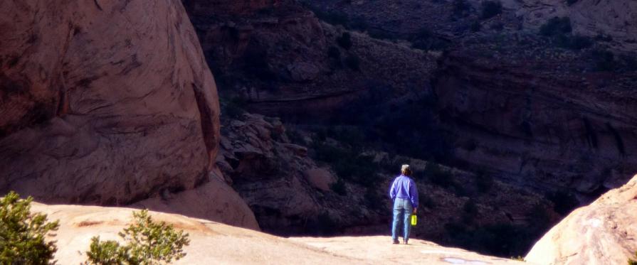 Visitor dressed in all blue and holding a yellow water bottle standing dangerously close to the edge of a cliff edge and peering into the shadowy dark valley below