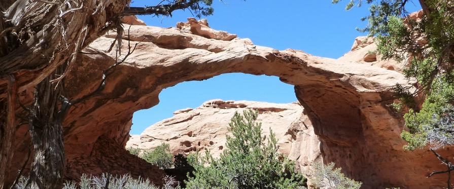 sandstone arch in semi vegetated area. Blue skys