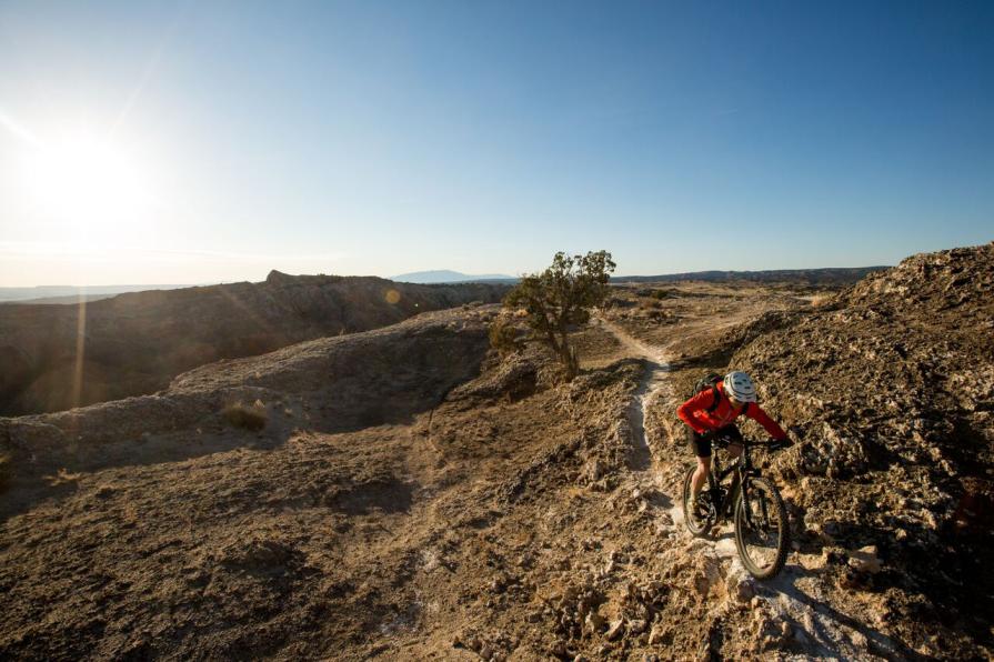 A mountain biker on the White Ridge Mountain Bike Trail System west of Albuquerque, New Mexico.
