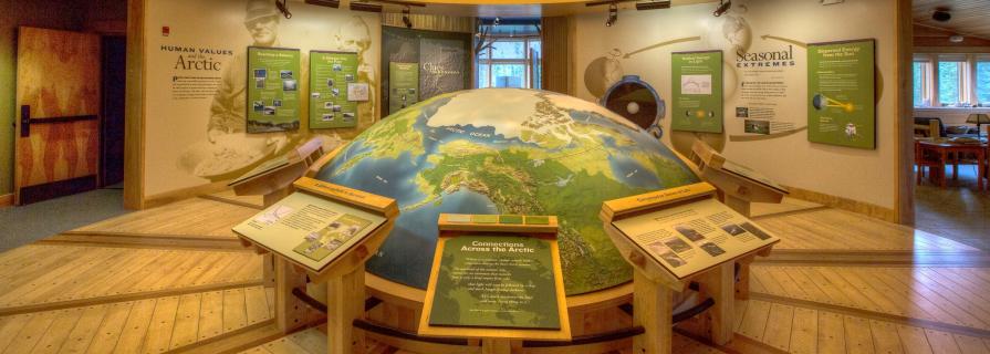 A globe exhibit at the Arctic Interagency Visitor Center showing the arctic regions of Earth.