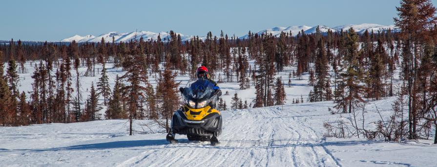 A rider on a yellow snowmobile enjoys a sunny day on the winter trail.  Spruce forests surround the hillsides.