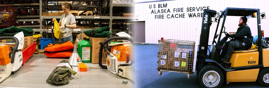 Photo collage showing a photo of a woman standing behind a table loaded with chainsaws and chainsaw parts next to a photo of a man driving a forklift in front of a metal sided warehouse. 