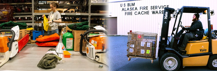 Photo collage showing a photo of a woman standing behind a table loaded with chainsaws and chainsaw parts next to a photo of a man driving a forklift in front of a metal sided warehouse.