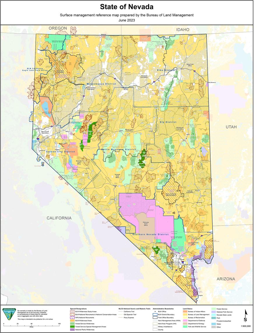 Map of the state of Nevada showing surface management polygons, including district and field office boundaries, HMA, and other agency jurisdictions.