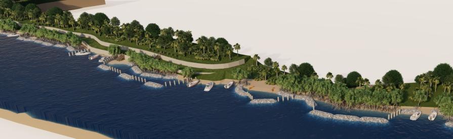 Aerial view of a tropical shoreline with greenery, sandy beach, docks, and boats moored in clear blue waters. Ideal for recreation.
