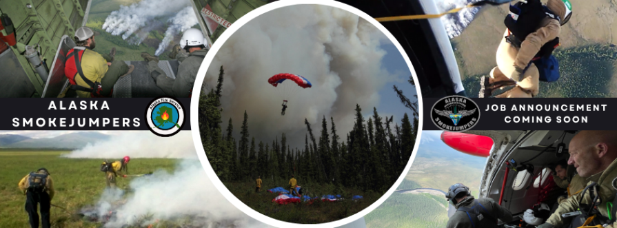 A graphic with five photos featuring smokejumpers doing various parts of their jobs on wildfires.