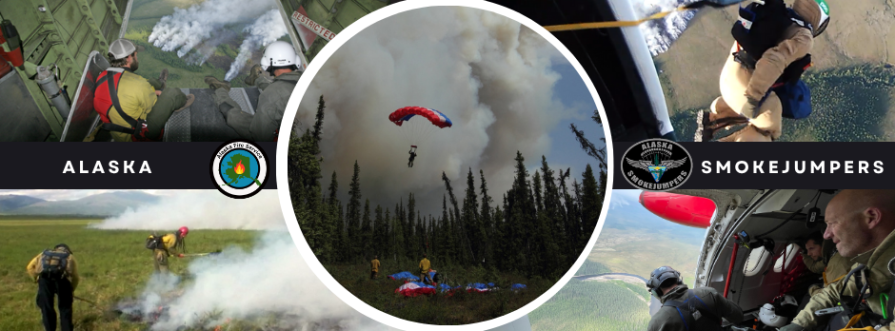 A graphic featuring five photos of firefighters in various stages of the job of a smokejumper such as looking out the airplane door at a smoke column from a forest fire, jumping out of an airplane, parachuting to the fire and beating the edge of a ground fire