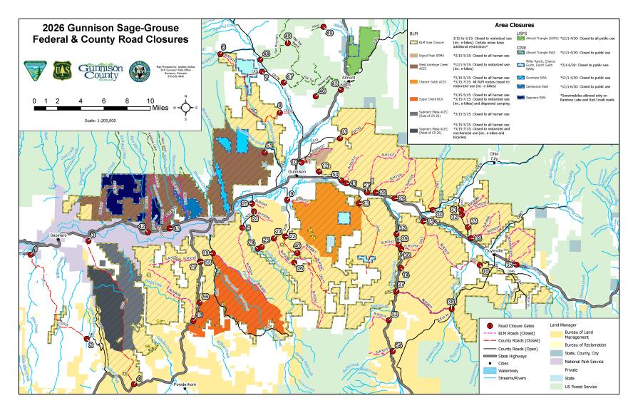 A Color-coded map highlighting seasonal closures in the Gunnison Field Office management area.