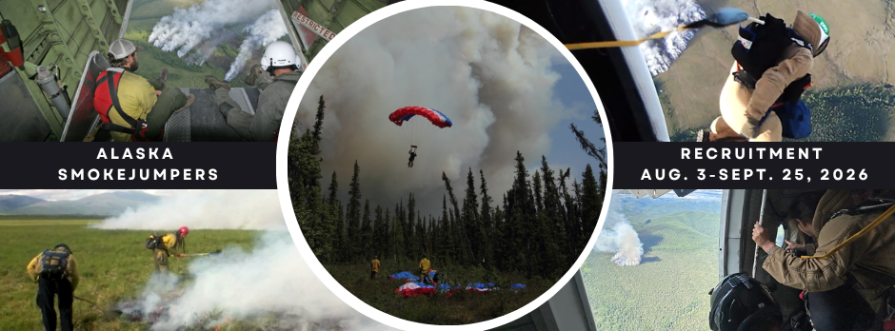 Photo collage showing five photos of smokejumpers doing various parts of their job of responding to a wildfire by parachuting out of an aircraft.
