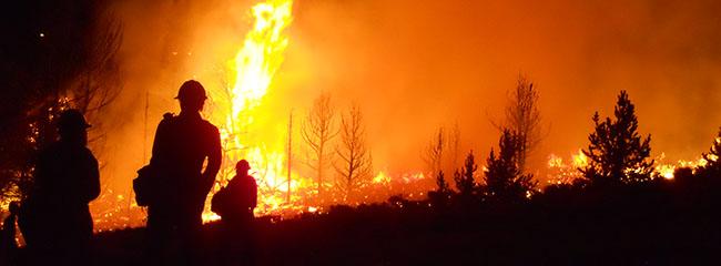 A dramatic photo of three firefighter silhouettes in front of a timber fire 