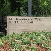 The front door and sign for BLM Oregon/Washington State Office Entrance