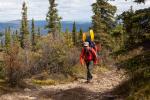 Visitor hikes with boating equipment