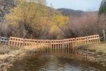 An exclosure fence strung across the creek with golden trees in the background