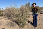 Botanist Maya Canapary stands next to a plant and gives the thumbs up.