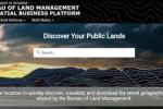 BLM Geospatial Business Platform Hub homepage. It says "Discover Your Public Lands" with the search bar beneath it. 