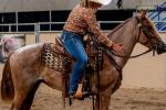 Rider on brown horse, touching the horse's neck