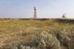 An orange and white color painted water tower sits on the horizon of the lush green Colorado prairie at the site of the former Granada Relocation Center.