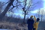 Two women are looking up a hole in the tree while one of them is pointing at it. 