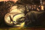 an illustration of a t. rex biting through the head of an edmontosaurus.
