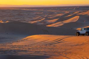 BLM ranger on a sand dune at sunset.