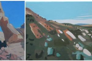 Artwork is shared with permission from the artist. Rights reserved by Shelley Hull. Caption: Two paintings of desert landscapes with blue sky and minimal clouds visible. The painting on the left depicts an arch while the painting on the right depicts a landscape with vegetation. 